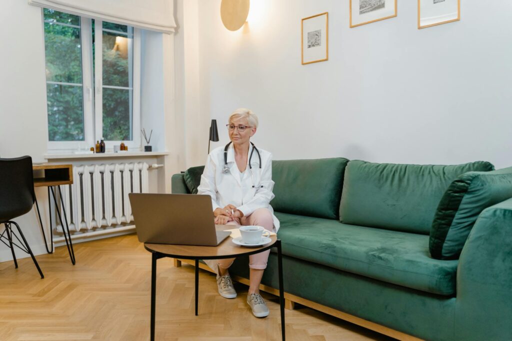 a woman sitting on the couch